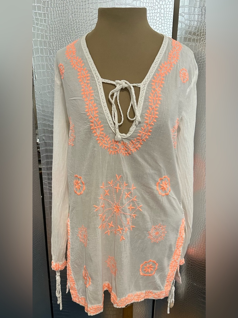 Ocean Drive White Tunic with Neon Coral Embroidery